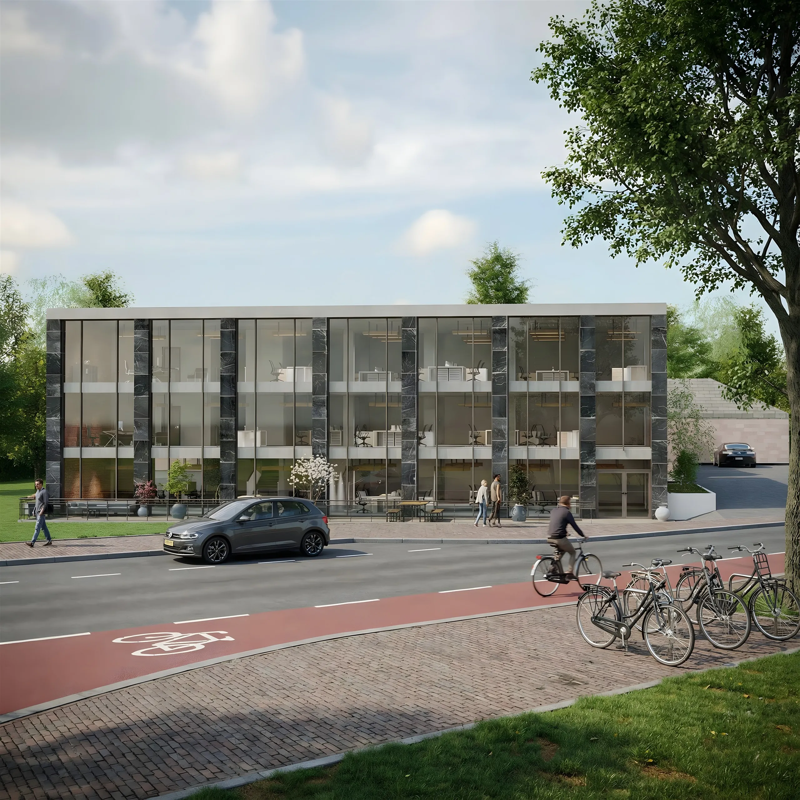 Photorealistic street-view render of the same 5 Apple Road building