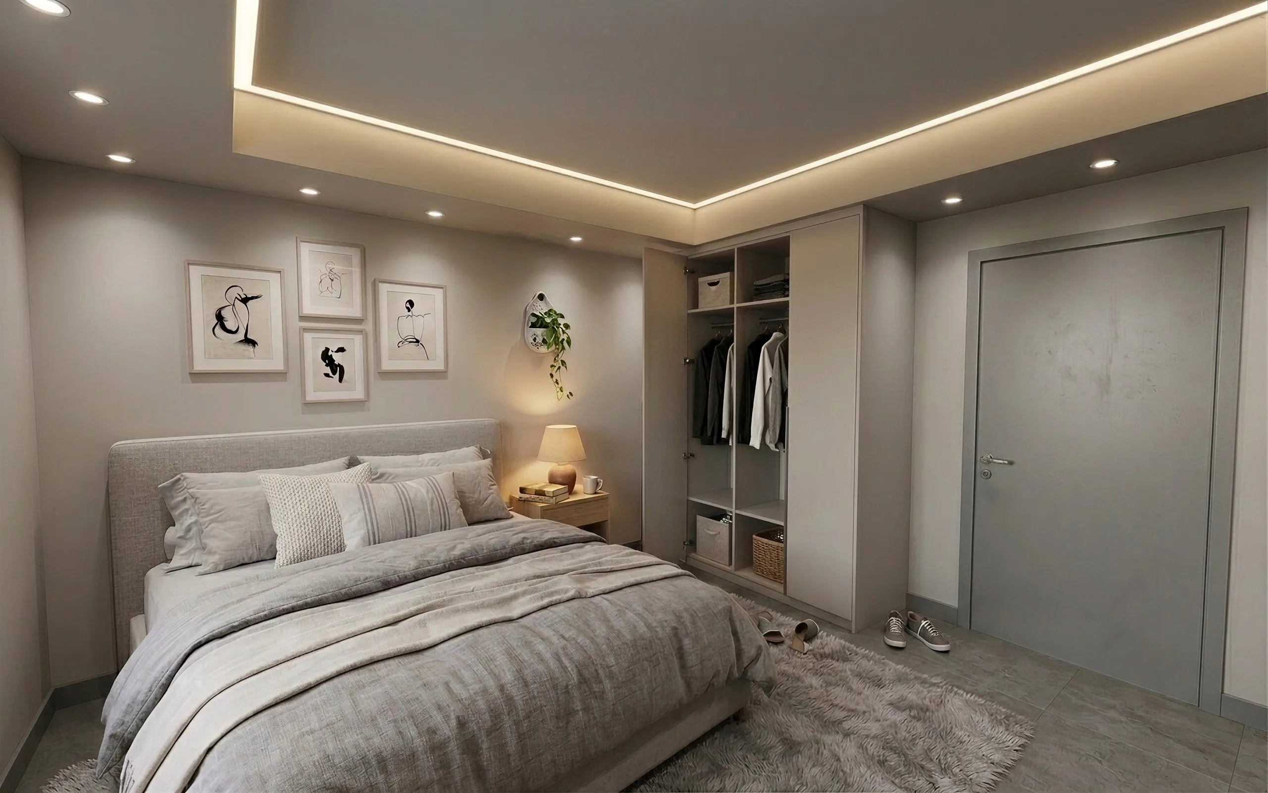 AI-upgraded render of a bedroom with a recessed LED ceiling cove and open wardrobe