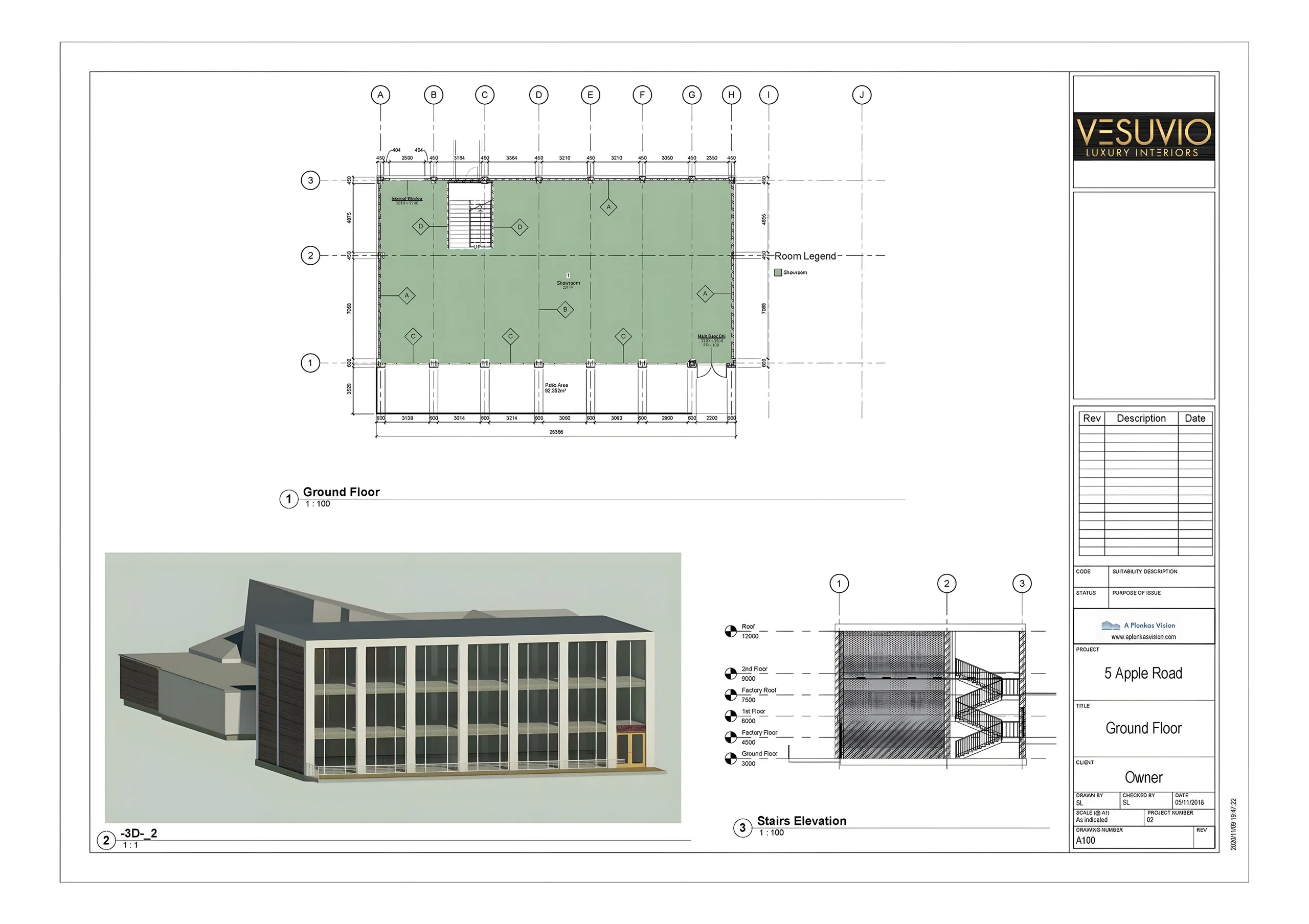 Ground floor plan, 3D study and stair section on a technical sheet for 5 Apple Road