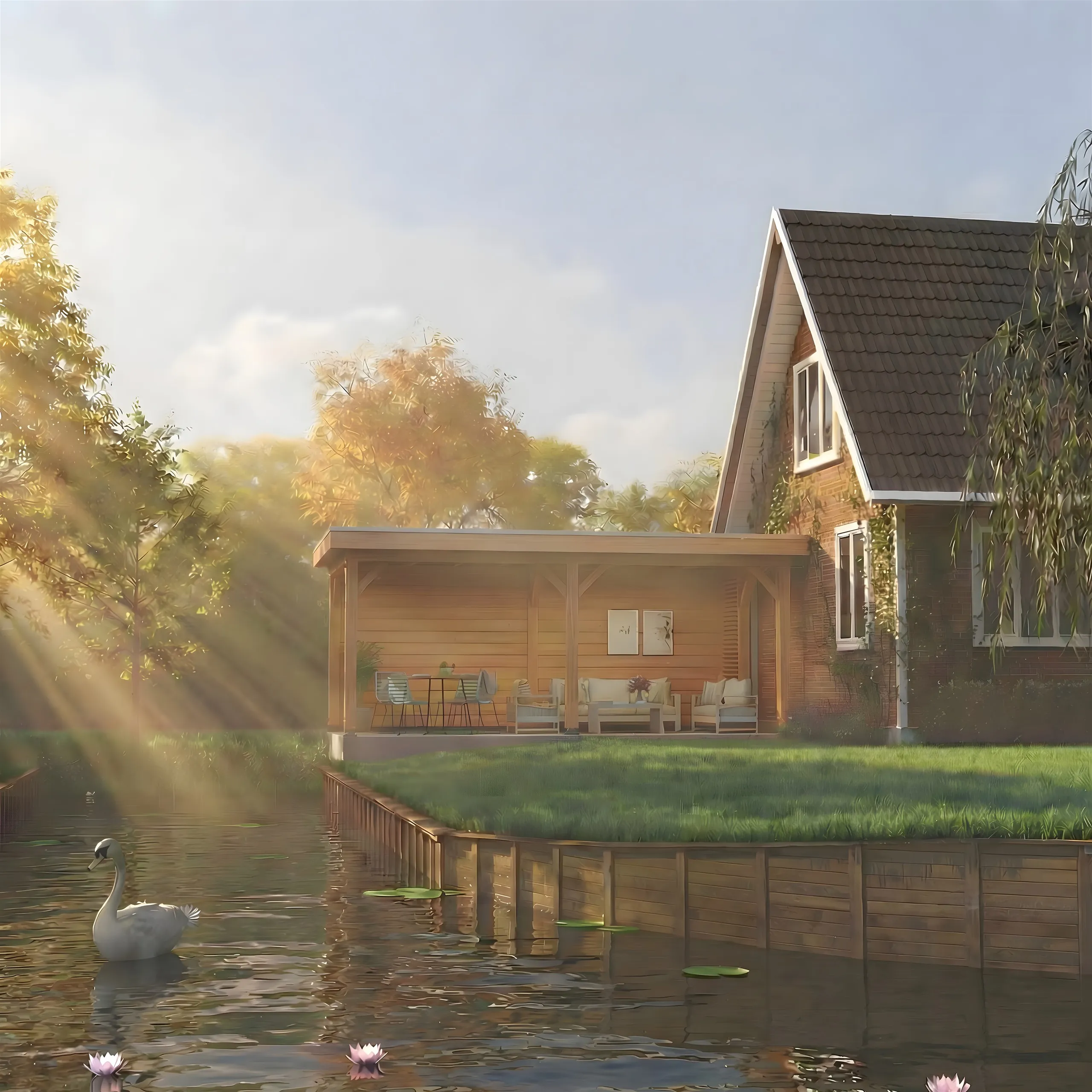 Golden-hour render of a wooden veranda beside a pond with a swan