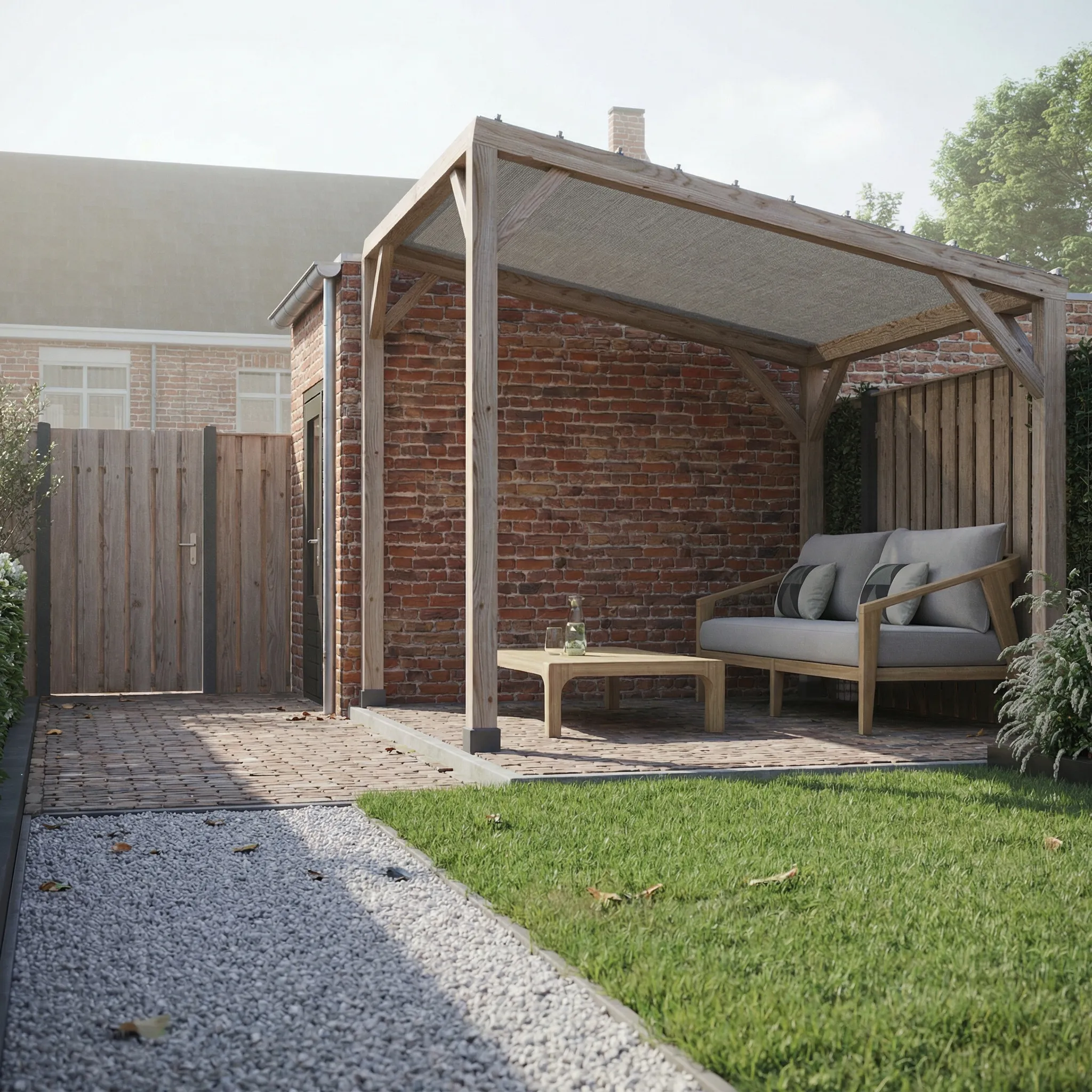 AI-regraded render of a timber pergola with a lounge set against a brick wall in a courtyard garden