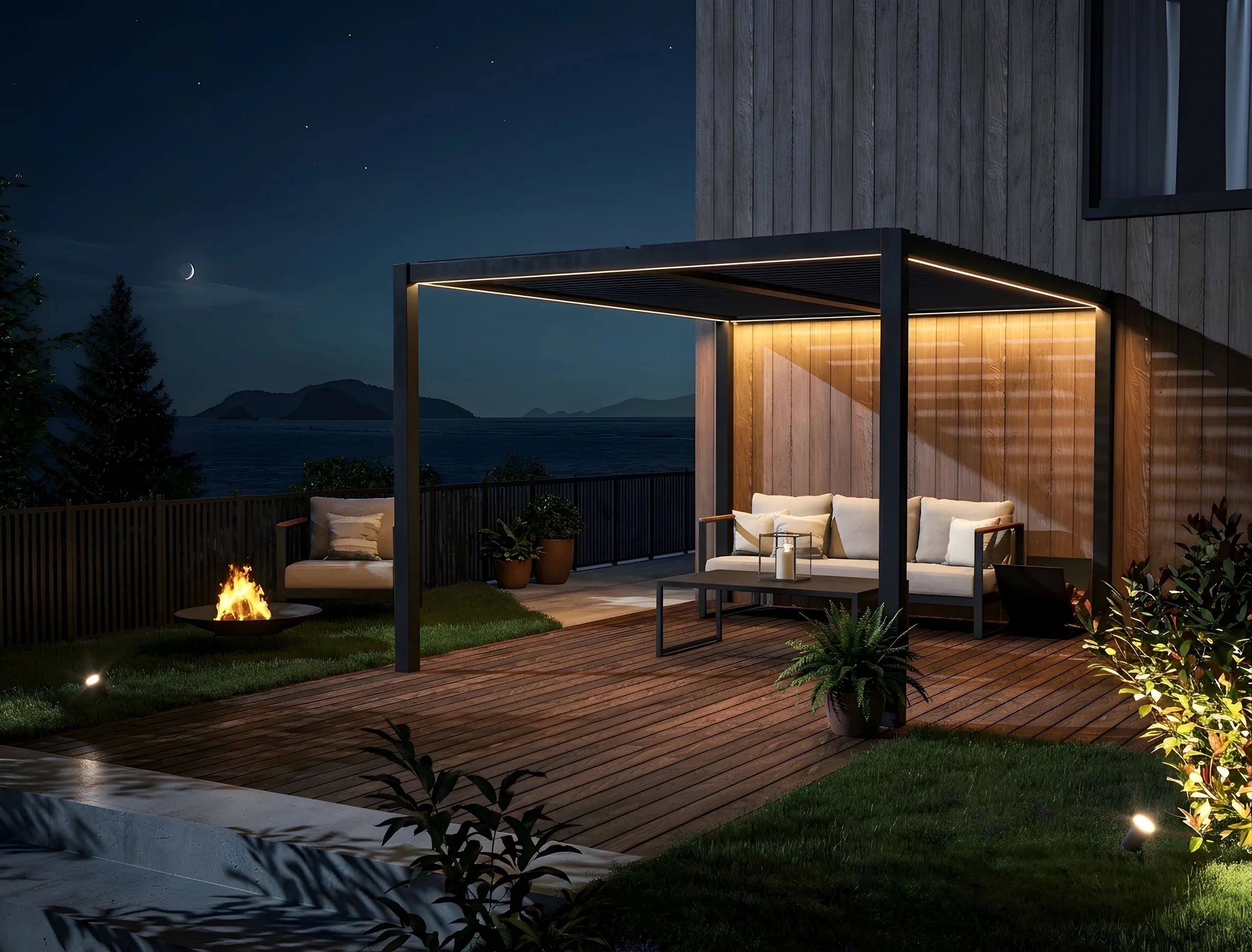 Night render of an aluminium pergola with LED lighting on a timber deck, fjord and mountains behind
